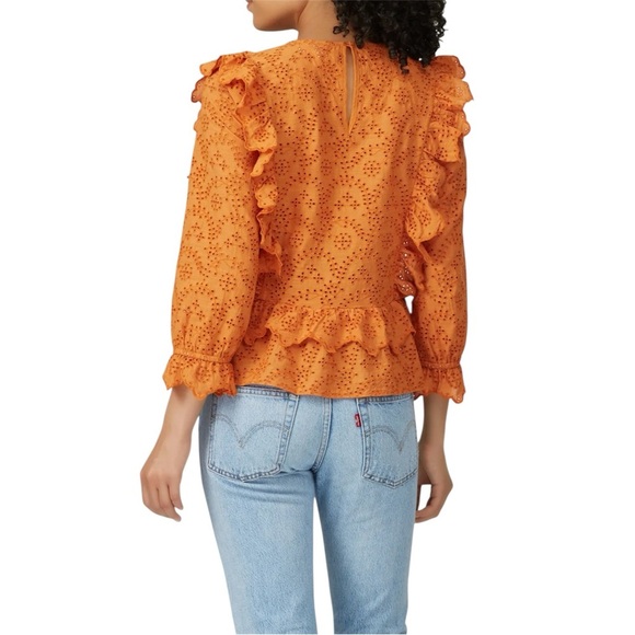 The GREAT. Eyelet Ruffle Blouse Top Orange 3/4 Sleeve Bohemian Boho Chic Size L - Picture 3 of 9